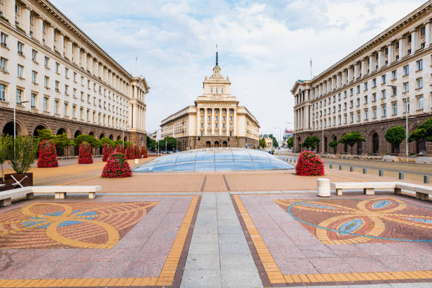 Sofia, Bulgaria - August 2022: The Largo in Sofia, Bulgaria. It's an architectural ensemble of three Socialist Classicism edifices in central Sofia, the capital of Bulgaria