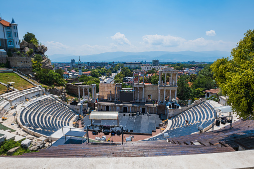 Plovdiv, Bulgaria - July 2022: the ancient Roman theater, in Plovdiv, Bulgaria
