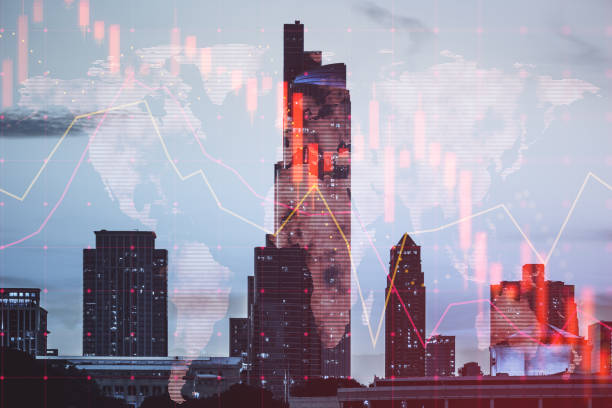 istock Falling red forex hologram on blurry city backdrop. Stock crisis price drop down chart fall / Stock market exchange analysis or forex graph business and finance money losing moving economic inflation deflation investment loss crash. Double exposure. 1461149087
