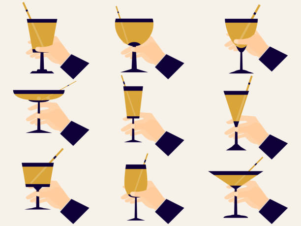 ilustrações de stock, clip art, desenhos animados e ícones de hand holding wine glass set icons in art deco style. collection of alcoholic drinks in different glasses with straws. glasses of wine and champagne. style 1920s - 1930s. vector illustration - men 20s cut out 30s