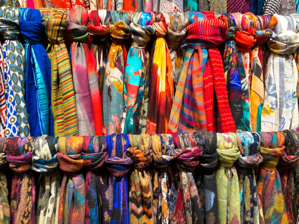 istock Fashionable Multi-Colored Women's Scarves Retail Display Close-Up 1461152995