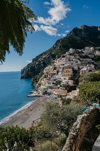 Amazing view of Positano town on Amalfi coast line of Mediterranean sea, Italy.