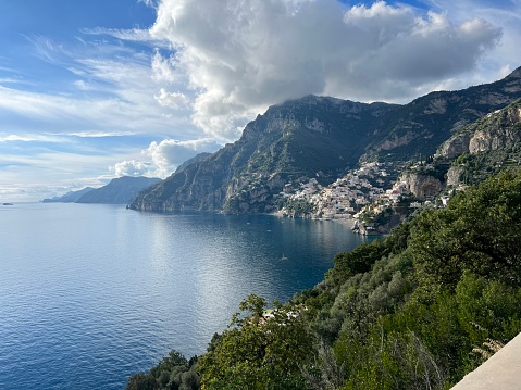 Amazing view of Positano town on Amalfi coast line of Mediterranean sea, Italy.