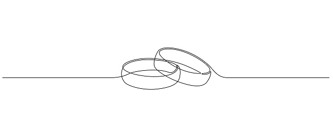 One continuous line drawing of Wedding rings. Romantic elegance concept and symbol proposal engagement and love marriage in simple linear style. Editable stroke. Outline vector illustration.