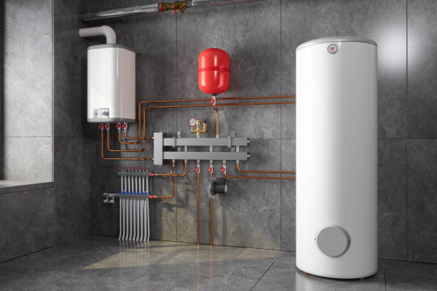 sistema di caldaia nel seminterrato - boiler heat equipment radiator foto e immagini stock