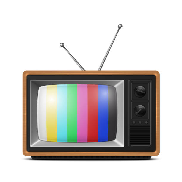 istock Vector 3d Realistic Brown Wooden Retro Striped Screen TV Receiver Isolated on White Background. Home Interior Design Concept. Vintage TV Set, Television, Front View 1461158068