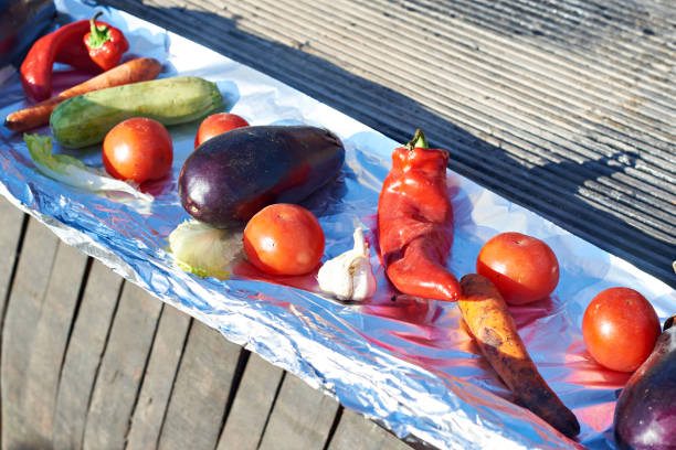 Vegetables tomatoes eggplant garlic pepper carrot zucchini at the fair market