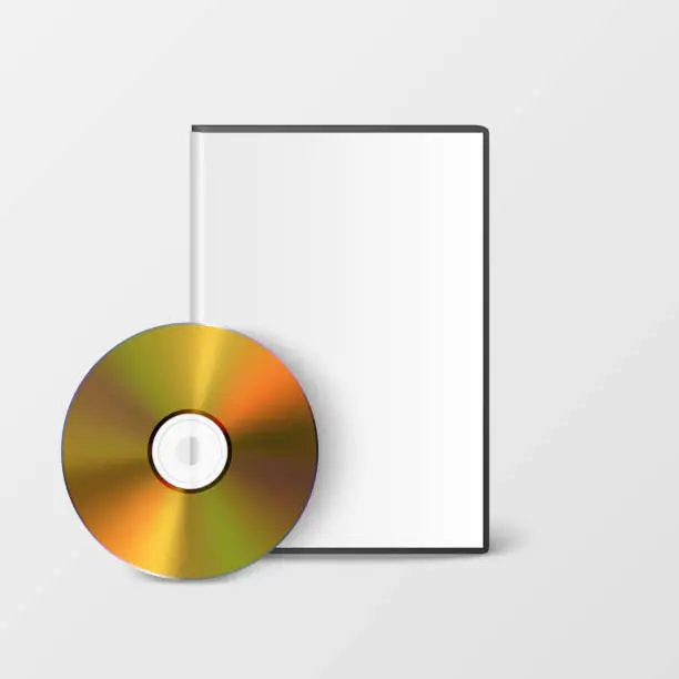 Vector illustration of Vector 3d Realistic Golden CD, DVD with Plastic Cover, Envelope, Case Isolated. CD Box, Packaging Design Template for Mockup. Compact Disk Icon, Front View