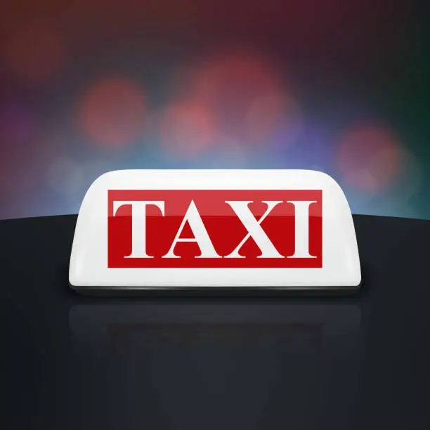 Vector illustration of Vector 3d Realistic Taxi Car Roof Sign Closeup on the Roof of a Car on a Blurred Background. White and Red French Taxi Sign, Design Template for Taxi Service, Mockup. Front View