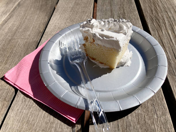 Sliced of coconut cake on white plate