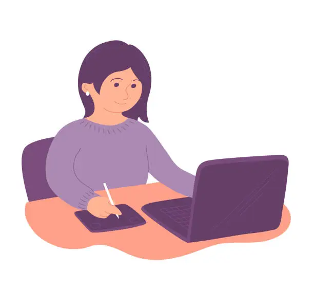 Vector illustration of Young girl graphic designer working on a laptop