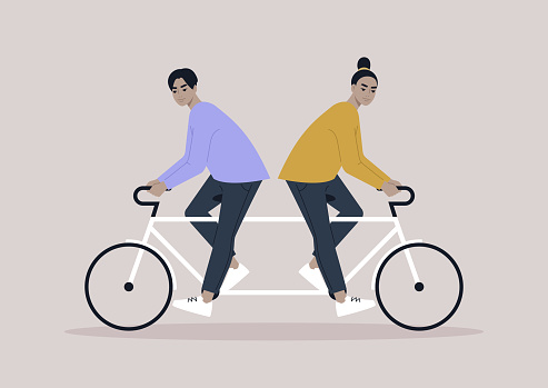 Two characters riding same bike in different directions, a metaphor of argument and disagreement
