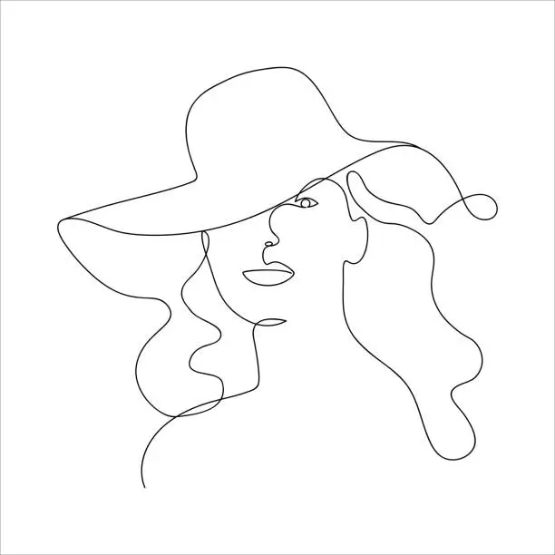 Vector illustration of Woman in hat vector one line art. Line black and white illustration. Minimalist one line print. Beauty logo. Portrait of young lady wearing hat. Line art