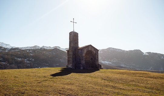 Alpine mountain chapel of the good shepherd Ermita de el Buen Pastor at Lago de Enol Ercina lakes of Covadonga Picos de Europa, Asturias Spain Europe