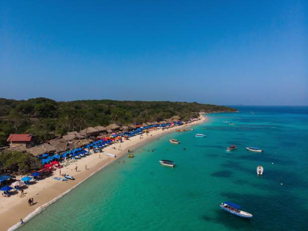 Aerial drone view of Playa Blanca Isla Baru white sand beach turquoise blue ocean water Cartagena Colombia South America stock photo