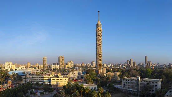 Cairo, Egypt, April 15, 2022: View of the Cairo Tower at sunrise. At 187 m (614 ft), it is the tallest structure in Egypt and North Africa.