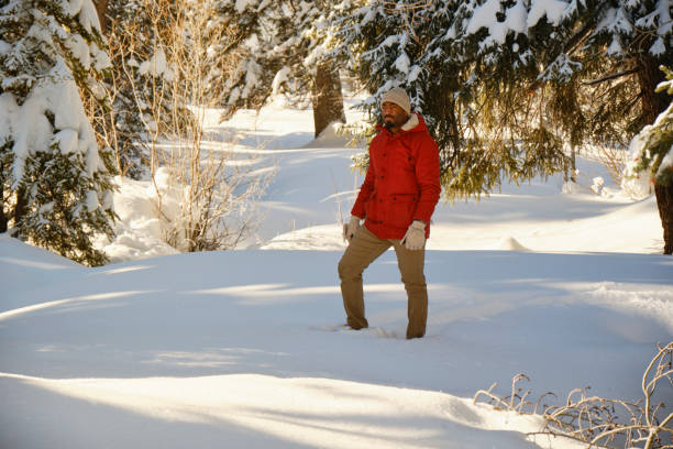 Women's boots in the snow.A girl in warm red boots walks in the snow.The influence of snow on winter shoes.