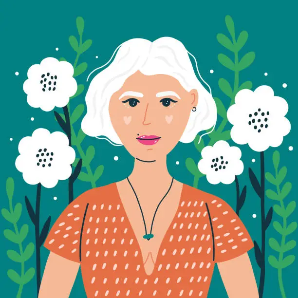 Vector illustration of Portrait woman with white hair on a botanical background