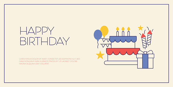 Happy Birthday Related Design with Line Icons. Party, Celebration, Birthday Cake, Happiness, Event.