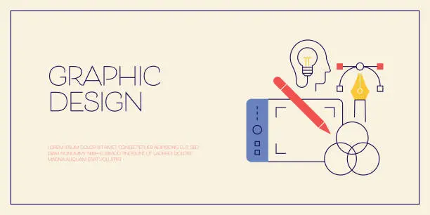Vector illustration of Graphic Design Related Design with Line Icons. Designer, Creativity, Graphic Tablet, Drawing.