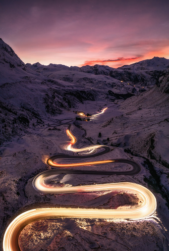 A snake shaped pass road photographed at night.light painting