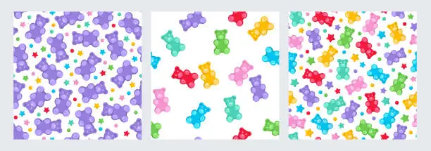 Vector illustration of Set of colorful gummy bears seamless pattern, gummy candies.
