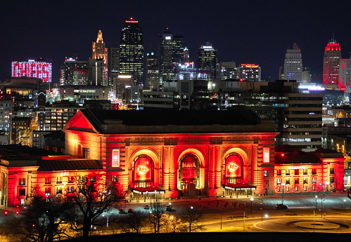 Union Station, Kansas City, Missouri. January 30/2023. Union Station is lit in red celebratory lights in commemoration of the Chiefs AFC championship win.