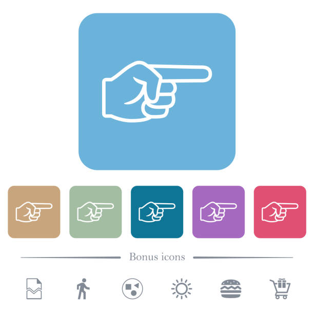 ilustrações, clipart, desenhos animados e ícones de ícones planos do contorno do ponteiro apontando para a direita em fundos quadrados arredondados coloridos - indexfinger