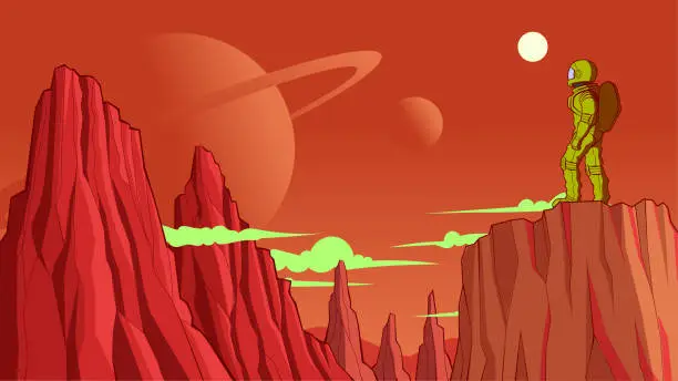 Vector illustration of Vector Solo Astronaut Exploring a Red Planet Cartoon Stock Illustration