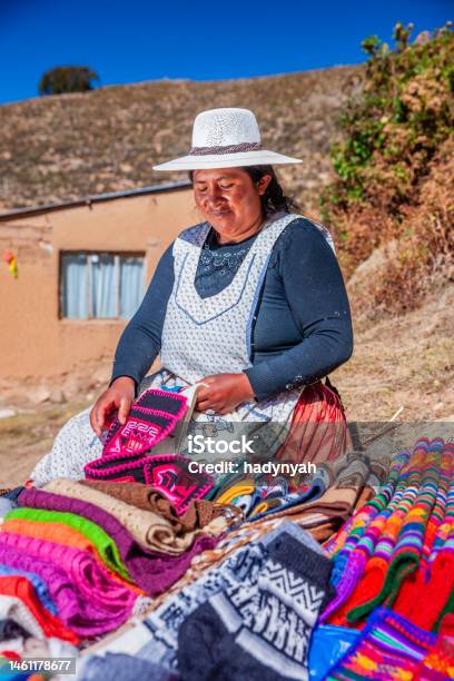 Bolivian Woman Selling Souvenirs Isla Del Sol Bolivia Stock Photo - Download Image Now