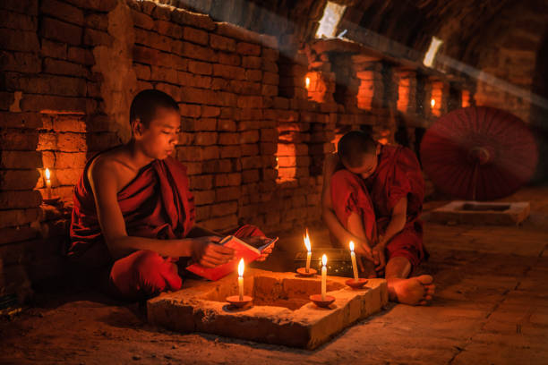начинающие буддийские монахи, созерцающие внутри храма, мьянма - buddhism monk book zen like стоковые фото и изображения
