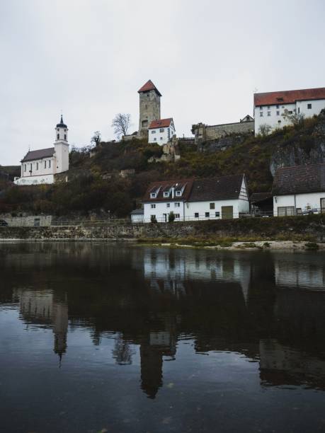 Danube river reflection of medieval historic castle tower Burg Rechtenstein Alb Donau Kreis Baden-Wuerttemberg Germany Panorama Danube river reflection view of medieval ruins historic castle tower Burg Rechtenstein Alb Donau Kreis Baden-Wuerttemberg Germany Europe riedlingen stock pictures, royalty-free photos & images