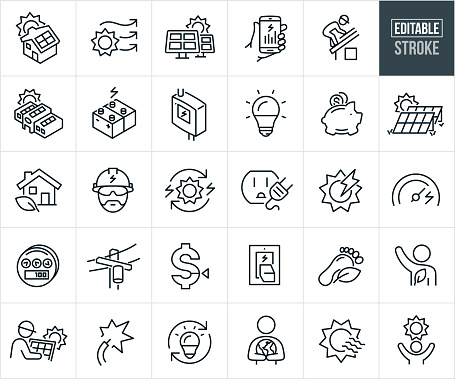 A set solar energy icons that include editable strokes or outlines using the EPS vector file. The icons include a house with solar panels on the roof, a business building with solar panels on its roof, sun rays, solar panels, solar farm, solar energy monitoring from smartphone, person installing solar panels on rooftop, batteries used to store solar energy, solar inverter, light bulb, piggy bank showing money savings, solar panels in field, sun, green energy, renewable energy, electrician with hard hat, electricity generation, electrical outlet, electricity being produced from sun, meter measuring solar power usage, electrical meter, power lines, light switch, carbon footprint, environmentalist, green, green energy, technician installing solar panel, cost savings, person holding world to represent environmental conservation and other related icons.