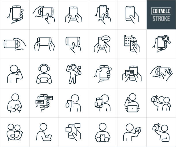 illustrations, cliparts, dessins animés et icônes de smartphones, téléphones mobiles et téléphones cellulaires icônes de ligne mince - trait modifiable - les icônes incluent les personnes qui parlent au téléphone, envoient des sms, ont un écran tactile, regardent des vidéos, utilisent internet - tenir