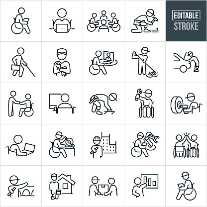 A set of people with disabilities working jobs icons that include editable strokes or outlines using the EPS vector file. The icons include a disabled businessperson in a wheelchair working on tablet PC, disabled businessman in wheelchair working on computer, disabled business people in business meeting at table, disabled construction worker with prosthetic leg doing construction work, blind businesswoman carrying briefcase and white cane to work, auto mechanic with disabled arm holding wrench, business person in wheel chair in video conference meeting with co-worker on computer, disabled janitor mopping floor, auto mechanic with prosthetic foot working on car, business person shaking hands with another disabled business person in wheelchair, construction worker with prosthetic leg working with cement, disabled construction worker in wheelchair holding up a wrench, disabled mechanic in wheelchair changing car tire for work, disabled person in wheel chair using a power saw to do work, disabled engineer holding blueprints to building in background, disabled engineer in wheelchair inspecting robotic arm in manufacturing facility, two disabled people in wheel chairs giving each other a high-five, disabled architect holding blue print and pointing to newly constructed bridge, handyman with prosthetic leg holding toolbox with house in the background, delivery person with prosthetic arm delivering package to customer, disabled businessman giving sales presentation and a disabled safety inspector in wheelchair doing an inspection to name a few.