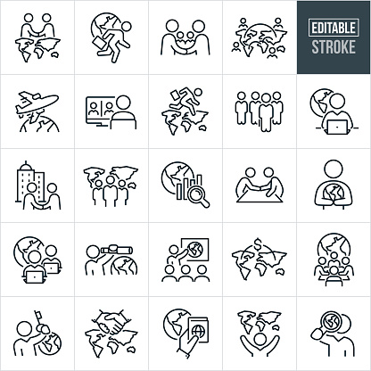 A set of global business icons that include editable strokes or outlines using the EPS vector file. The icons include two business people shaking hands from one continent to another, a business person running with briefcase in hand and planet earth behind, two business people shaking hands in global deal, business people from around the world doing global business with one another, air plane flying over planet earth, business person at computer having a video conference with globally remote colleagues, business person with briefcase jumping from North America to Asia to do international business, business people, businessman on computer involved in global trade, two business people shanking hands with business buildings in background, business team with map of the world behind them to represent global business, international trade, two business people shaking hands in boardroom, business people at computers engaged in global business, businessman with telescope looking for different business opportunities globally, business manager in meeting with co-workers pointing to different countries he is interested in doing business with, money potential between countries, business people in boardroom planning global business opportunities, business person holding key to international business success, handshake over map of the world, hand holding visa to do business outside country and other related icons.