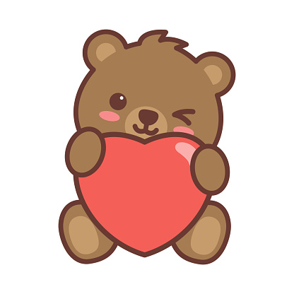 Cute teddy bear winking eye with red heart cartoon, vector illustration