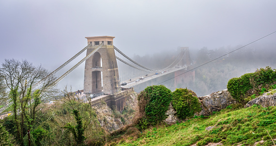 Clifton suspension Bridge in Bristol on a foggy day England