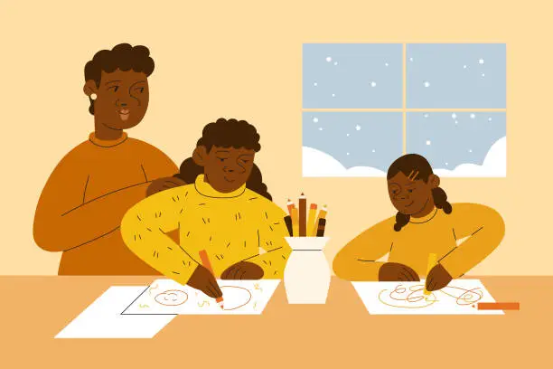 Vector illustration of A Black Mother and Her Daughter and Son Enjoy Coloring Indoors in Winter
