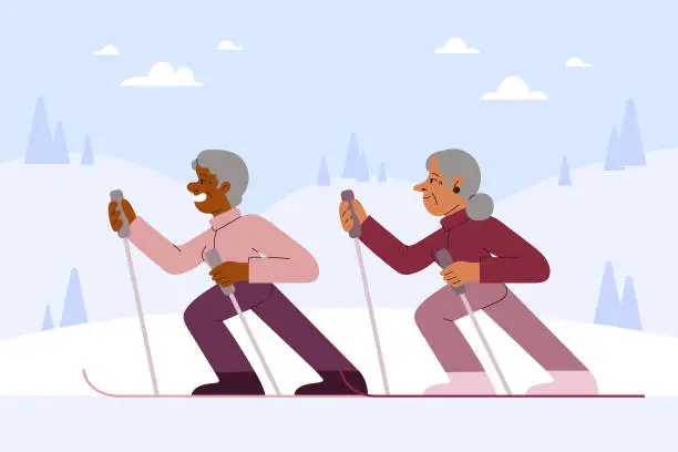 Vector illustration of Two Senior Women Friends Enjoy Cross-Country Skiing Together Outdoors