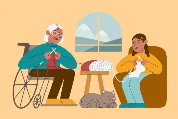 Vector illustration of An Asian Disabled Grandmother Teaches Her Granddaughter How to Knit