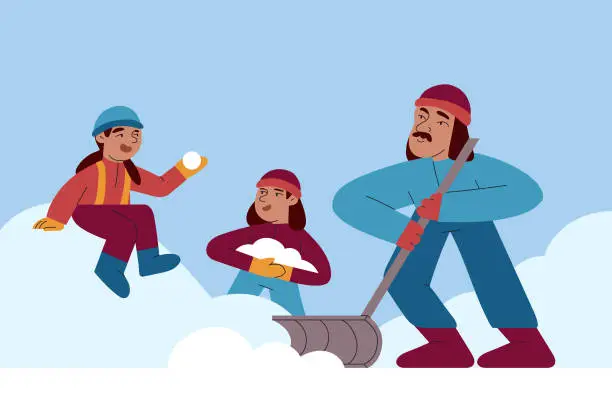 Vector illustration of A Father and His Two Daughters Shovel and Play in the Snow in Winter