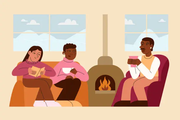 Vector illustration of Mixed Race Friends Talk While Drinking Coffee and Reading Next to Fireplace in Winter