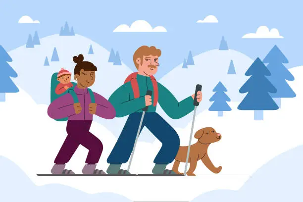 Vector illustration of A Mixed Race Couple Snowshoes with Their Baby and Dog in Winter Landscape