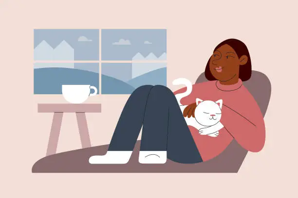 Vector illustration of Woman of Color Enjoys Relaxing Cozy Time Indoors While Petting Sleeping Cat