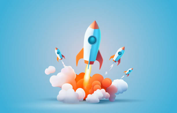 illustrazioni stock, clip art, cartoni animati e icone di tendenza di rocket space startup, creative idea cover, landing page web site, vector - space rocket fire flame
