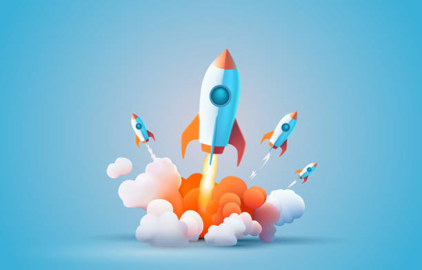 Rocket space startup, creative idea cover, landing page web site, Vector Rocket space startup, creative idea cover, landing page web site, Vector illustration rocket boosters stock illustrations