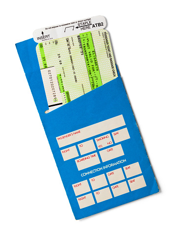 Airplane Ticket with Sleeve Cut Out on White.