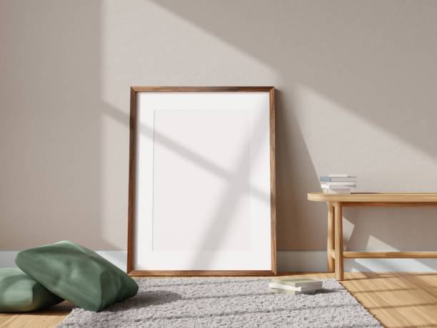 istock Vertical wood frame mockup in living room interior with window light shadow. 3d rendering, 3d illustration 1461198467