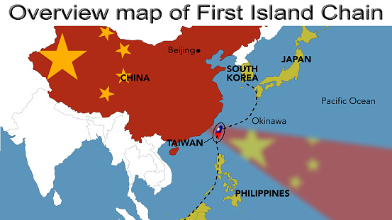Overview map of first island chain between Japan, South Korea, Taiwan, Philippines and China